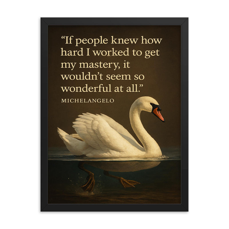 Quote_Michelangelo_Work_Hard_Mastery_Swan_Graceful_on_Water_Paddling_Inspiring_Poster_2 framed print on a plain backdrop in size 18