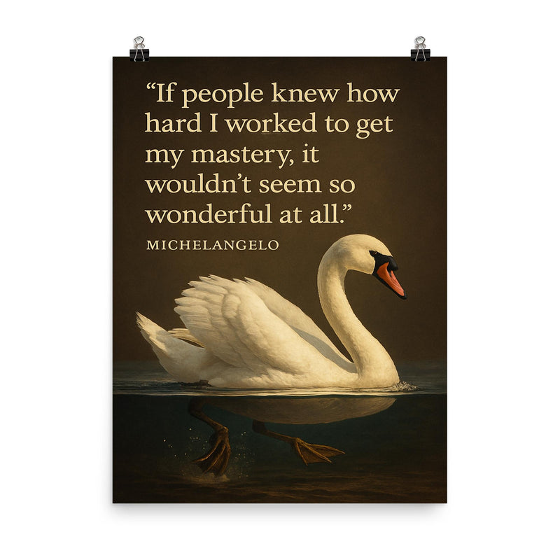Quote_Michelangelo_Work_Hard_Mastery_Swan_Graceful_on_Water_Paddling_Inspiring_Poster_2 poster on a plain backdrop in size 8