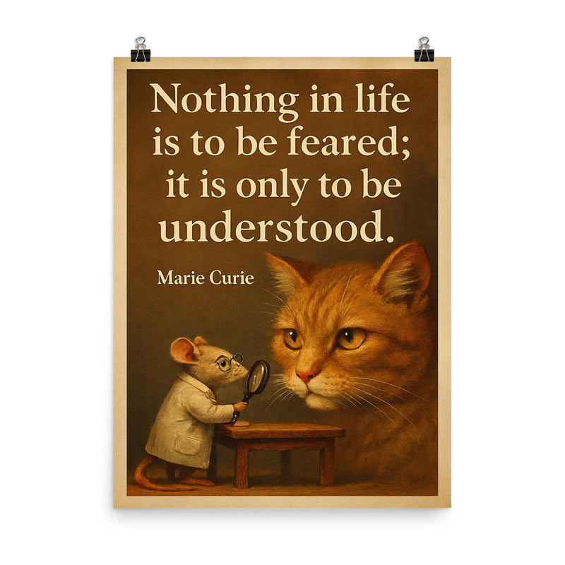 Quote_Nothing_in_life_is_to_be_feared_only_understood_Marie_Curie_Brave_mouse_studying_cat poster on a plain backdrop in size 8