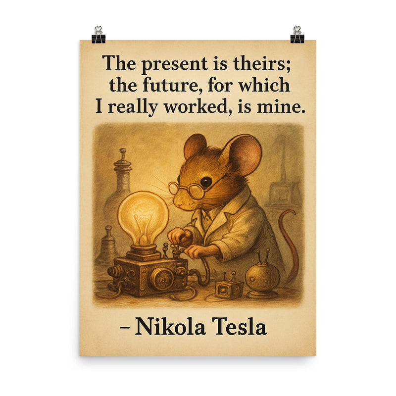 Quote_The_present_is_theirs_the_future_is_mine_Nikola_Tesla_Inventor_Mouse_Inspiring_Poster poster on a plain backdrop in size 8