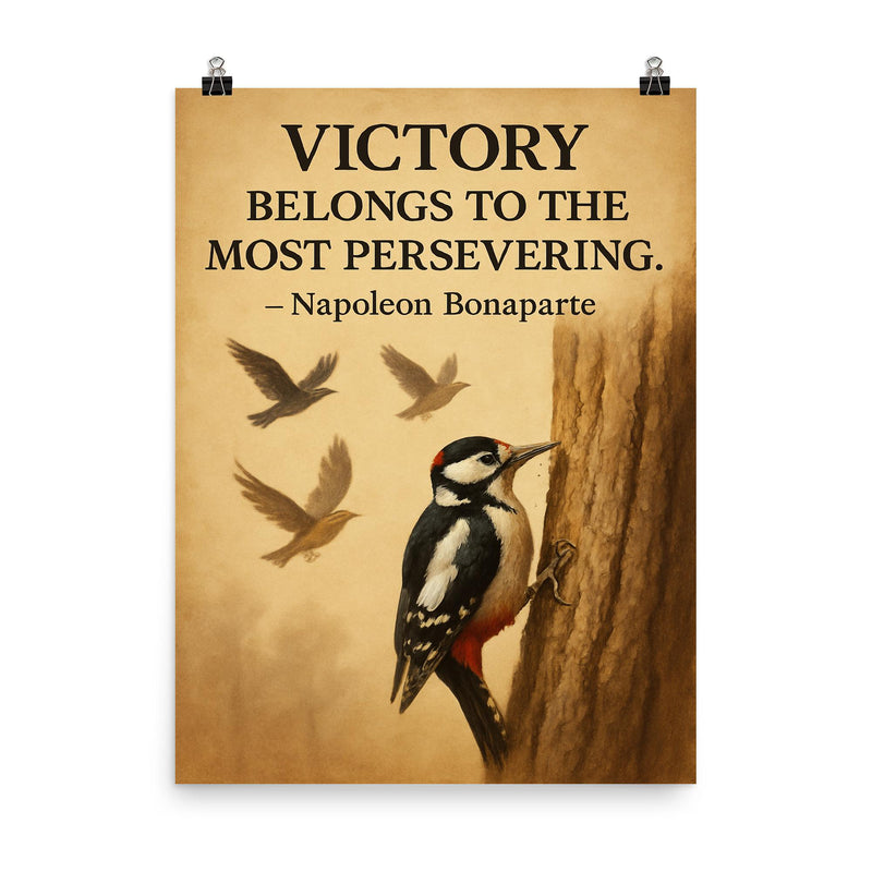 Quote_Victory_belongs_to_the_most_persevering_Napoleon_Bonaparte_Woodpecker_Perseverance poster on a plain backdrop in size 8