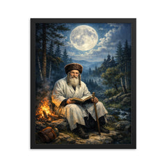 Rabbi Nachman by moonlit Ukrainian forest framed print on a plain backdrop in size 16"x20".