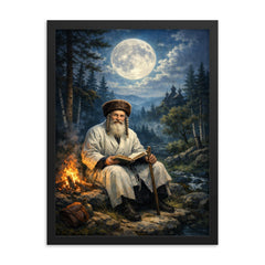 Rabbi Nachman by moonlit Ukrainian forest framed print on a plain backdrop in size 18"x24".