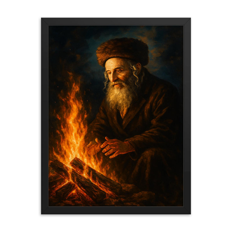 Rabbi Nachman by the fire in Uman framed print on a plain backdrop in size 18