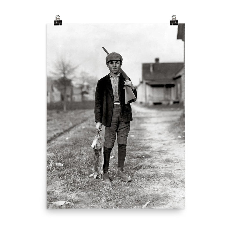 Rabbit Hunting - A boy returns home from rabbit hunting, Dillon, South Carolina, 1909 poster on a plain backdrop in size 8