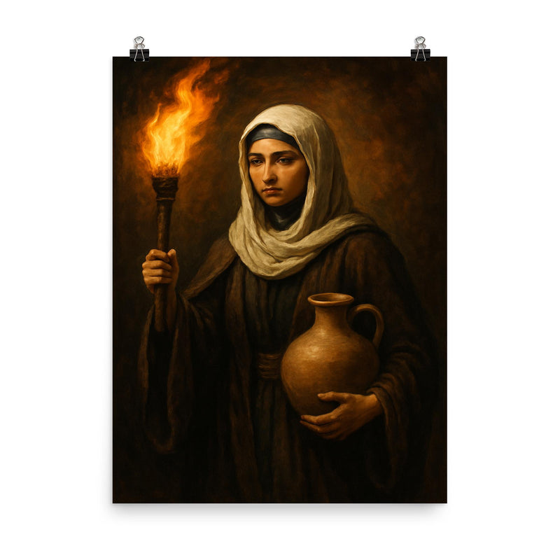 Rabia al Adawiyya carrying torch and water poster on a plain backdrop in size 8