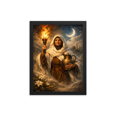 Rabia al Basri carrying torch and water framed print on a plain backdrop in size 12"x16".