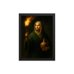 Rabia al Basri carrying torch and water framed print on a plain backdrop in size 12"x16".