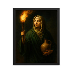 Rabia al Basri carrying torch and water framed print on a plain backdrop in size 16"x20".