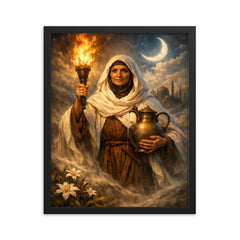 Rabia al Basri carrying torch and water framed print on a plain backdrop in size 16"x20".