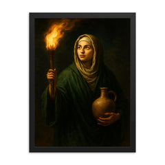 Rabia al Basri carrying torch and water framed print on a plain backdrop in size 18"x24".