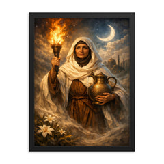 Rabia al Basri carrying torch and water framed print on a plain backdrop in size 18"x24".