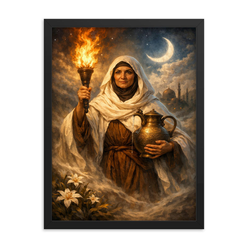Rabia al Basri carrying torch and water framed print on a plain backdrop in size 18