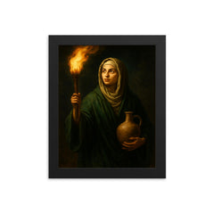 Rabia al Basri carrying torch and water framed print on a plain backdrop in size 8"x10".