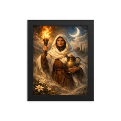 Rabia al Basri carrying torch and water framed print on a plain backdrop in size 8"x10".