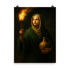Rabia al Basri carrying torch and water poster on a plain backdrop in size 8"x10".