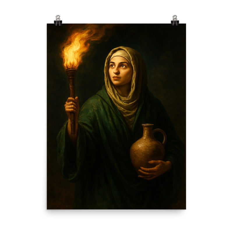 Rabia al Basri carrying torch and water poster on a plain backdrop in size 8