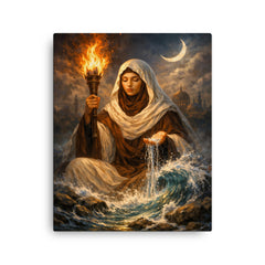Rabia al Basri with torch and water canvas print on a plain backdrop in size 16"x20".