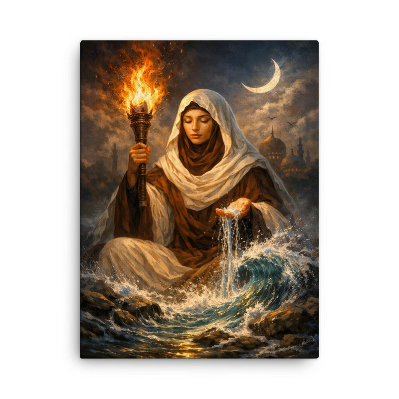 Rabia al Basri with torch and water canvas print on a plain backdrop in size 18