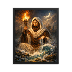 Rabia al Basri with torch and water framed print on a plain backdrop in size 16"x20".