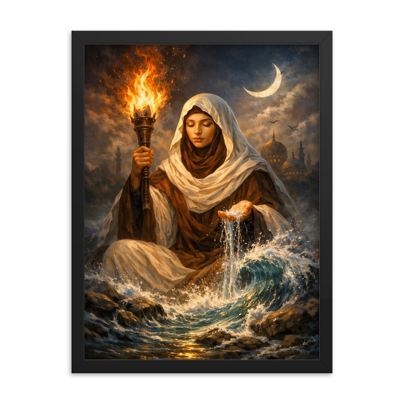 Rabia al Basri with torch and water framed print on a plain backdrop in size 18