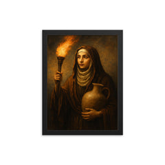 Rabia al Basri with torch and water jar framed print on a plain backdrop in size 12"x16".