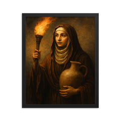 Rabia al Basri with torch and water jar framed print on a plain backdrop in size 16"x20".