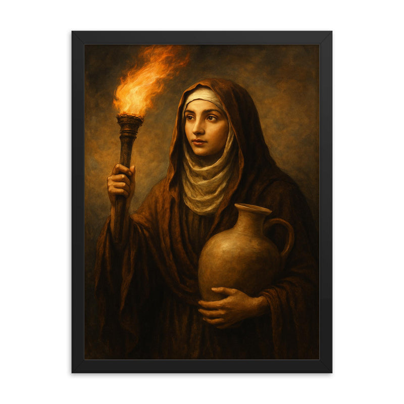 Rabia al Basri with torch and water jar framed print on a plain backdrop in size 18