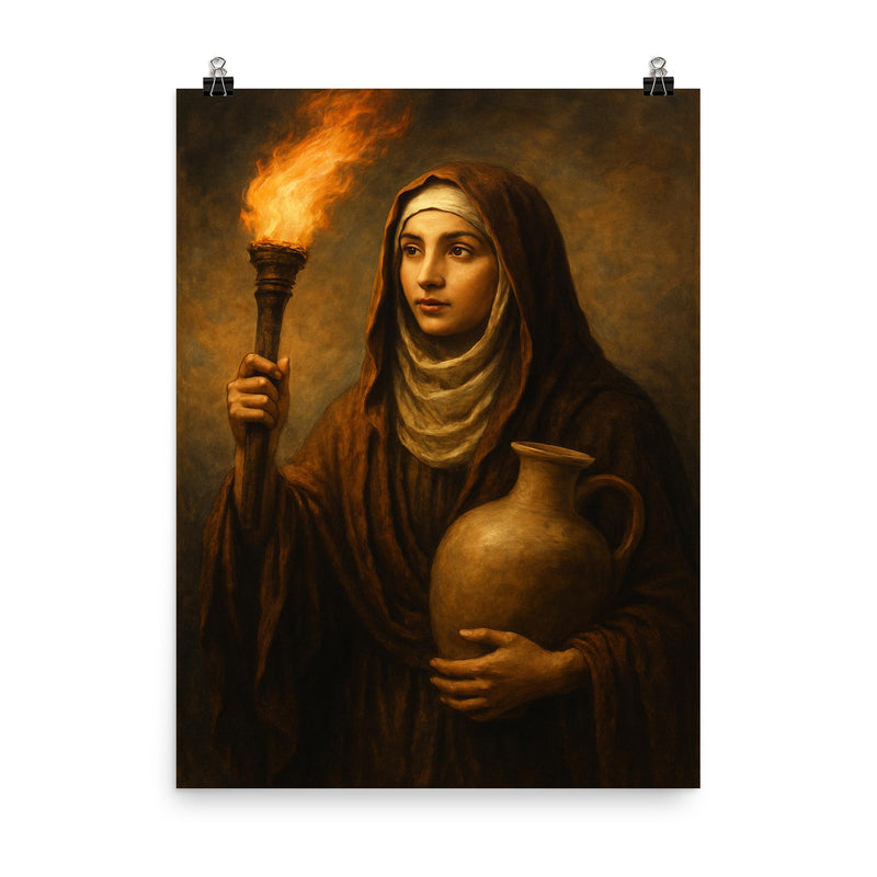 Rabia al Basri with torch and water jar poster on a plain backdrop in size 8