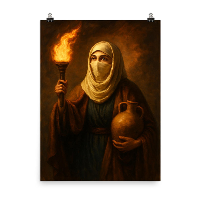 Rabia al Basri with torch and water jar poster on a plain backdrop in size 8
