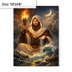 Rabia al Basri with torch and water metal print on a plain backdrop in size 12"x16".