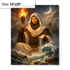 Rabia al Basri with torch and water metal print on a plain backdrop in size 16"x20".