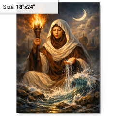 Rabia al Basri with torch and water metal print on a plain backdrop in size 18"x24".