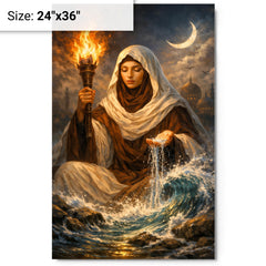 Rabia al Basri with torch and water metal print on a plain backdrop in size 24"x36".