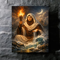 Rabia al Basri with torch and water metal print mockup