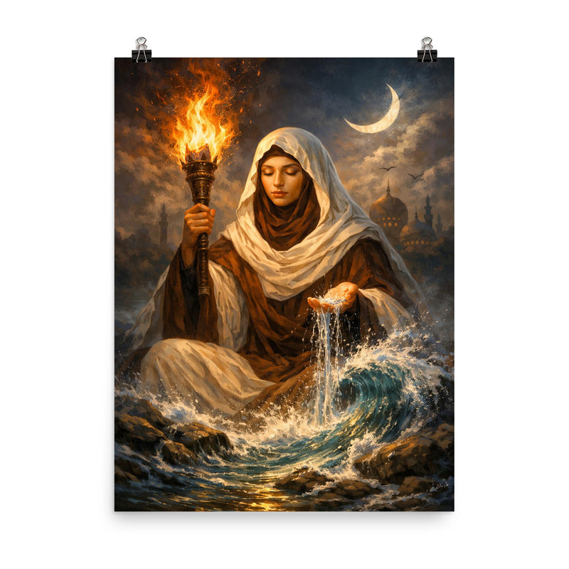 Rabia al Basri with torch and water poster on a plain backdrop in size 8