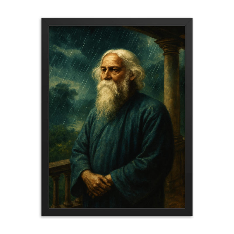 Rabindranath Tagore monsoon veranda portrait framed print on a plain backdrop in size 18