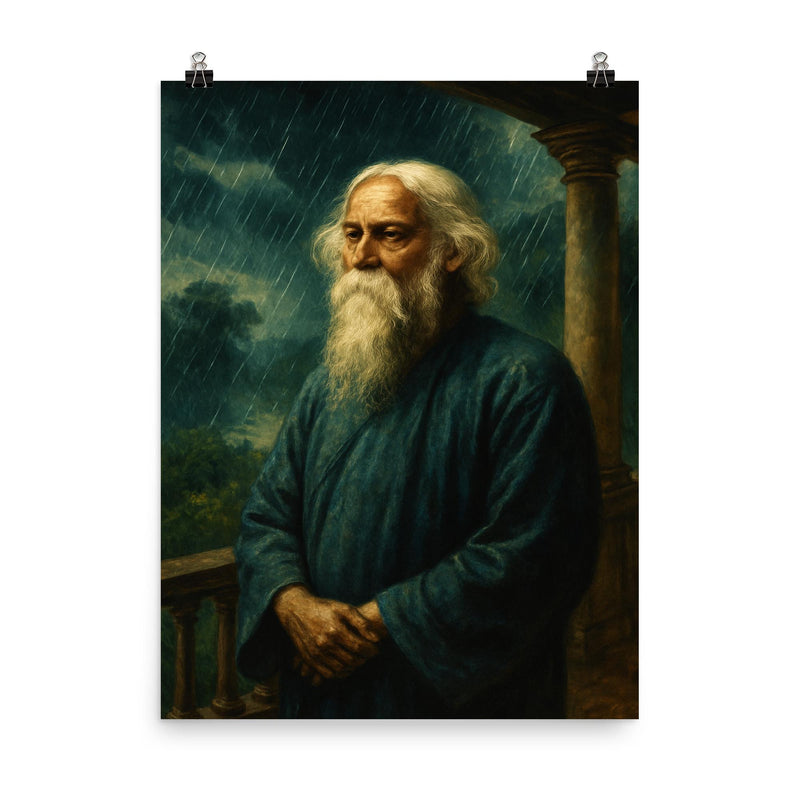 Rabindranath Tagore monsoon veranda portrait poster on a plain backdrop in size 8