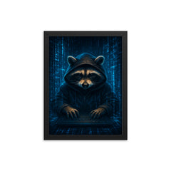 Raccoon hacker surrounded by holographic code streams framed print on a plain backdrop in size 12"x16".