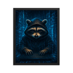 Raccoon hacker surrounded by holographic code streams framed print on a plain backdrop in size 16"x20".