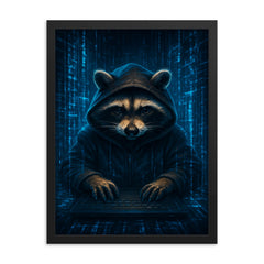 Raccoon hacker surrounded by holographic code streams framed print on a plain backdrop in size 18"x24".