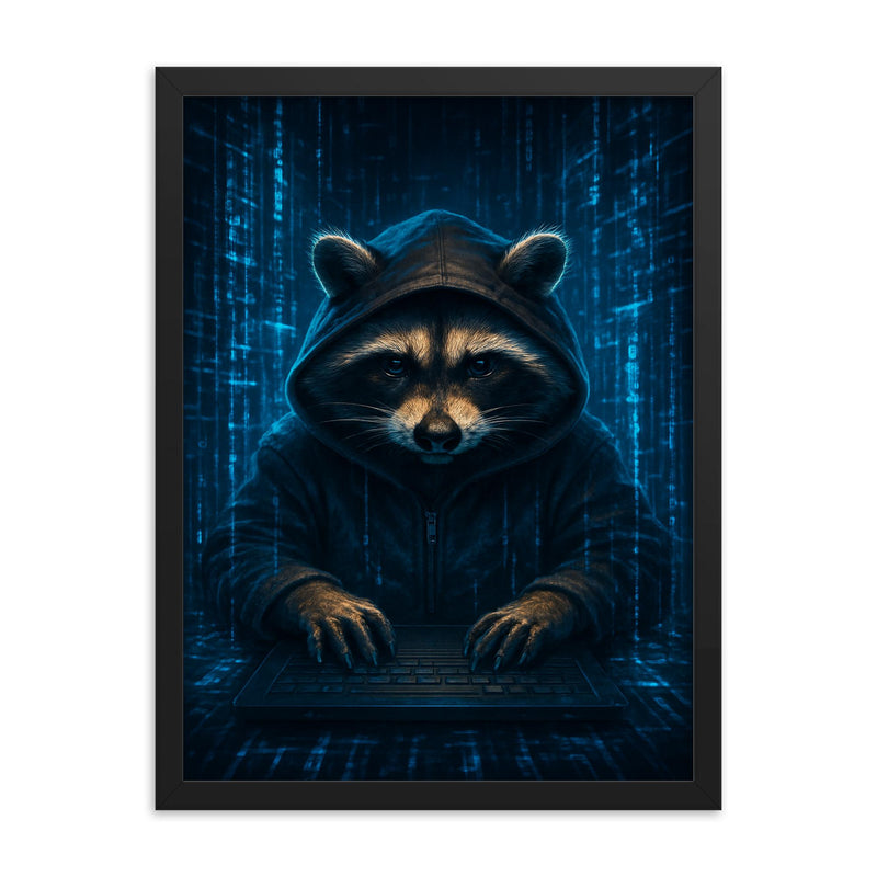 Raccoon hacker surrounded by holographic code streams framed print on a plain backdrop in size 18