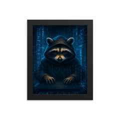 Raccoon hacker surrounded by holographic code streams framed print on a plain backdrop in size 8"x10".