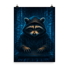 Raccoon hacker surrounded by holographic code streams poster on a plain backdrop in size 8"x10".