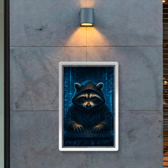 Raccoon hacker surrounded by holographic code streams poster 2
