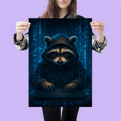 Raccoon hacker surrounded by holographic code streams poster 3