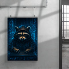 Raccoon hacker surrounded by holographic code streams poster 4