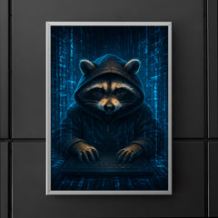 Raccoon hacker surrounded by holographic code streams poster 5
