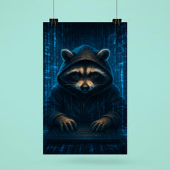 Raccoon hacker surrounded by holographic code streams poster 6