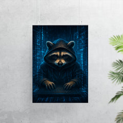 Raccoon hacker surrounded by holographic code streams poster 7